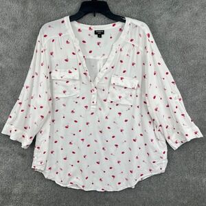 Torrid Harper Blouse Womens 2 White Red Lips Lollipop Print 3/4 Sleeve V-Neck